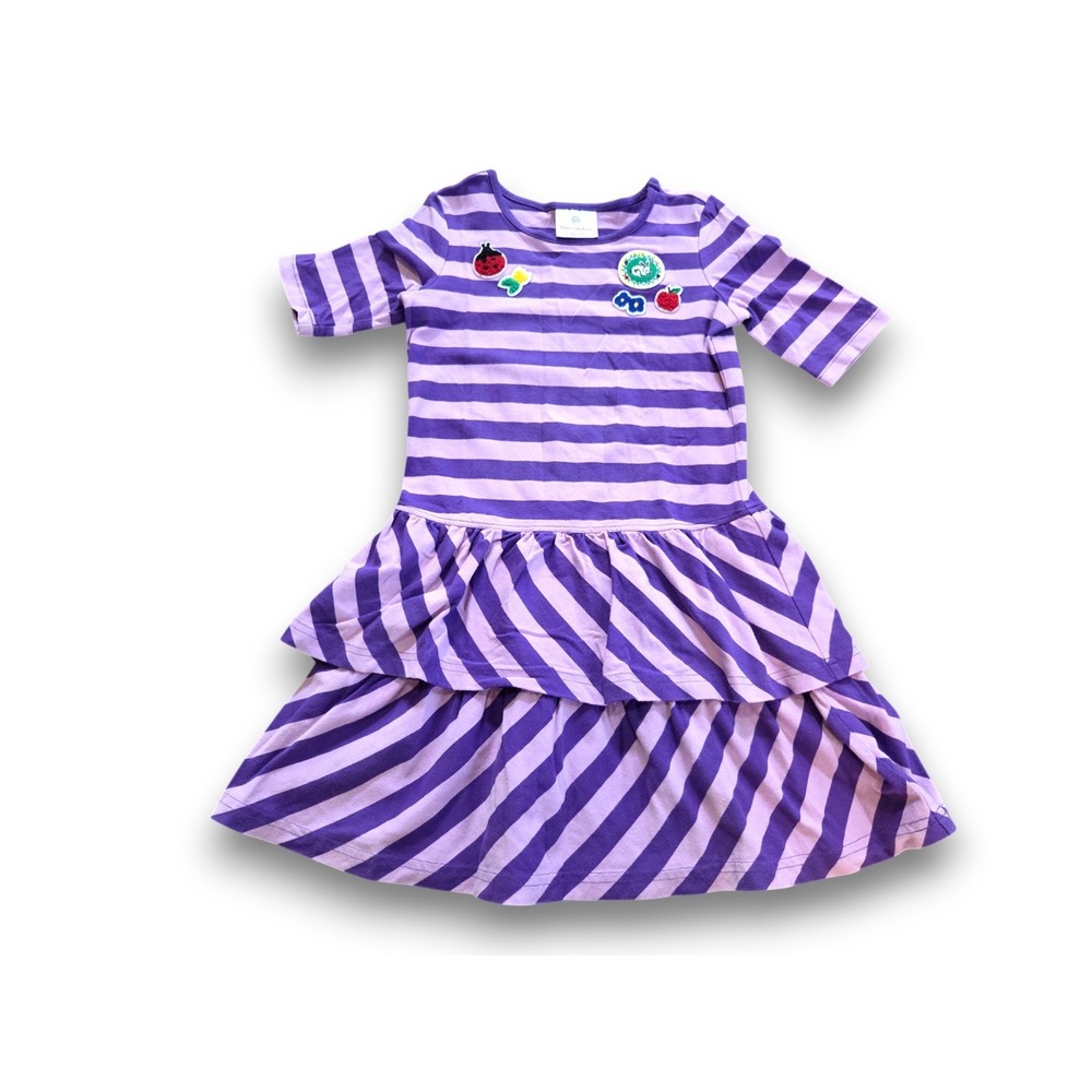 Hanna Andersson Purple Stripe Tiered Short Sleeve Dress Patches Girls 120 US 6-7